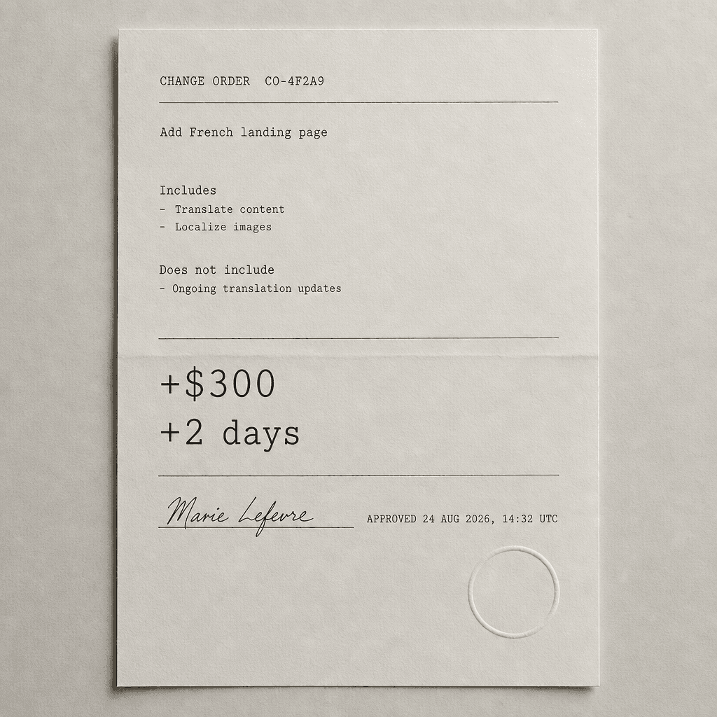A printed Record on off-white paper: the change order title, its scope, the figures +$300 and +2 days, a signature line with a name and date, and a dry embossed seal.